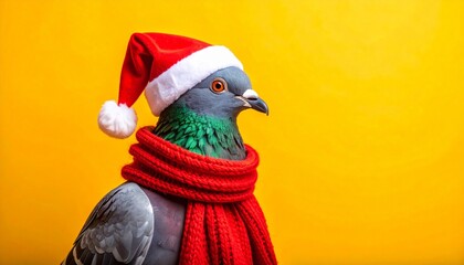 Pigeon in Santa hat and scarf on bright yellow background