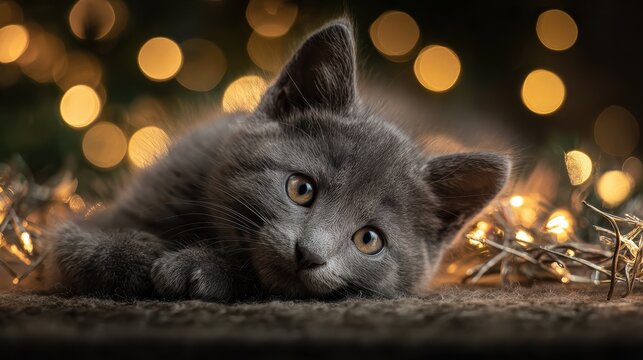new year a lazy gray kitten lies next to the figures of the new year 2025 on the background of the lights of the christmas garland