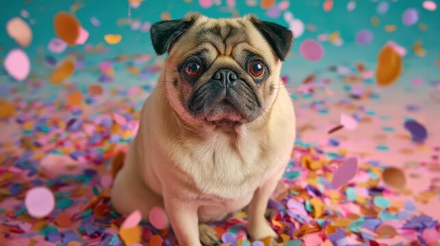 attentive pug dog sitting amid colorful confetti at a birthday party with copy space celebrating a festive occasion fun pet photography for advertising and promotional concepts