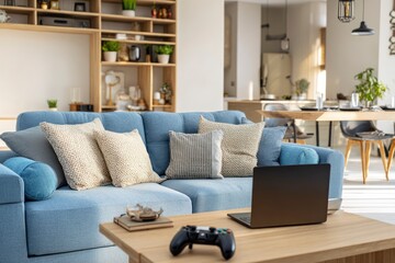 A bright living room featuring a blue sofa pillows a laptop and a game controller on a wooden coffee table