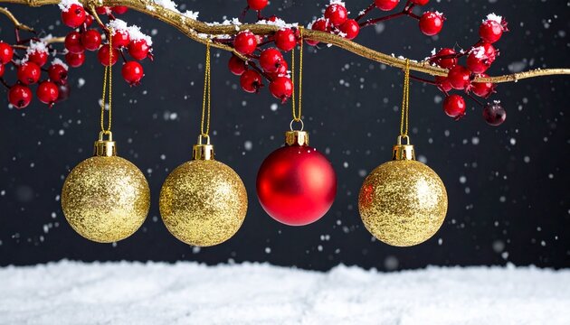 Snowy branch with red berries and gold ornaments against dark festive background