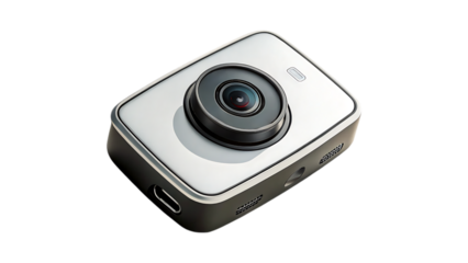 Compact action camera with wide angle lens on a black background