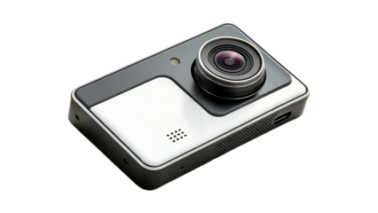 Compact action camera with wide angle lens isolated on a black background