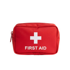 Red first aid kit with white cross symbol and text on black background