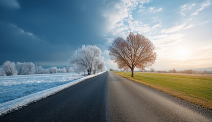 Winter to Spring Transition Landscape with Road and Sunlit Sky