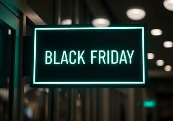 Obraz premium Vibrant neon sign illuminates a bustling shopping district, announcing exclusive Black Friday sales events and promotions