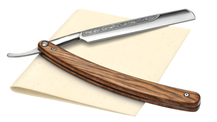 Vintage straight razor with wooden handle resting on a light colored cloth