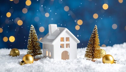 Snowy white house with golden trees and ornaments under glowing bokeh lights on blue