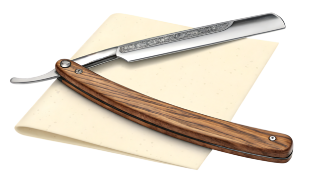 Vintage straight razor with wooden handle resting on a light colored cloth