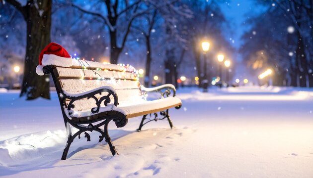 Snowy park bench with Santa hat and glowing lights under winter trees