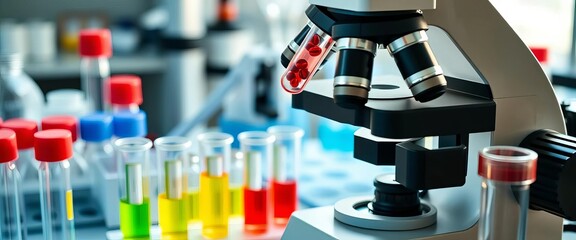 Microscope, blood sample, test tubes, lab equipment,  microscope, medical technologist