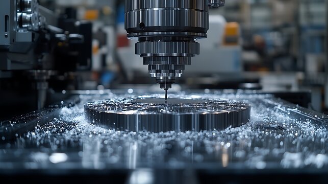 Close up of a metal cutting machine working on a metal gear with metal shavings around it