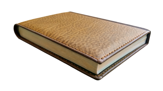 Antique leather bound book with textured cover and gold gilded edges on black background
