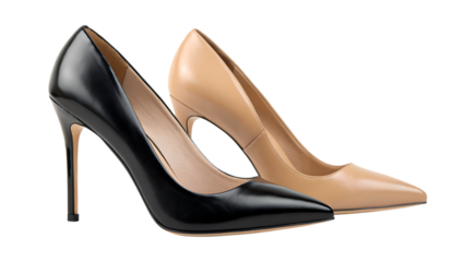 Elegant black and nude patent leather stiletto high heel shoes on black background