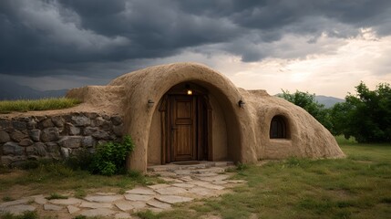 A rustic rounded earth dwelling with a wooden door is set against a dramatic stormy sky