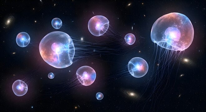 Artistic depiction of multiple universes and realms floating in a cosmic dark space