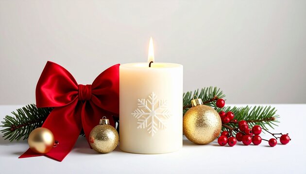 Lit snowflake candle with red bow and pine decor in festive holiday setting - Powered by Adobe