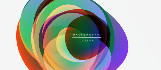 Abstract colorful layers create dynamic circular design. Gradient hues blend, forming modern visual element. Background features text.