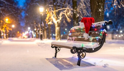Snowy park bench with Santa hat and glowing lights under winter trees