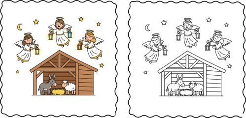 Obraz premium Nativity Stable Scene with Angels Animals and Lanterns Colored and Line Art Set