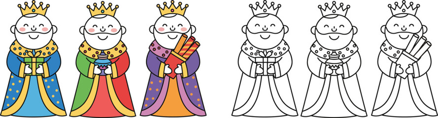Three Wise Men Cartoon Line Art for Kids Colorful Nativity Scene Illustration