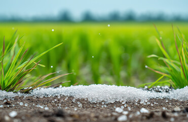 White Salt Beads on Soil with Green Rice Fields in Sunny Agricultural Scene