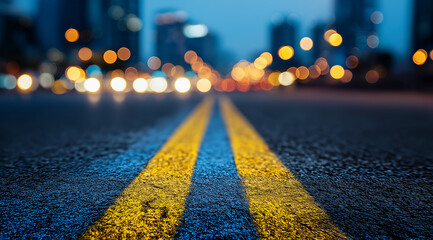 Road with Yellow and Blue Lines on Asphalt at Dusk