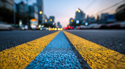 Road with Yellow and Blue Lines on Asphalt at Dusk