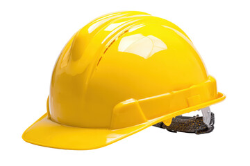 Fototapeta premium Yellow hard hat safety helmet isolated on transparent background. Yellow hard hat with hearing protection for construction and safety industries isolated on white background.