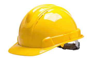 Yellow hard hat safety helmet isolated on transparent background. Yellow hard hat with hearing protection for construction and safety industries isolated on white background.