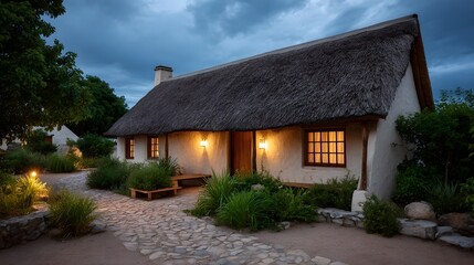 Naklejka premium Cozy mud cottage with thatched roof at twilight