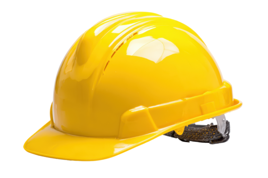 Yellow hard hat safety helmet isolated on transparent background. Yellow hard hat with hearing protection for construction and safety industries isolated on white background.
