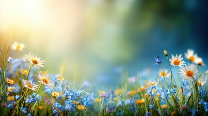 Vibrant Floral Meadow Under Bright Sunlight with Daisies and Blue Flowers Against Blurred Green Background