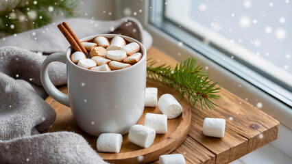 A cup of hot cocoa or chocolate with marshmallows and cinnamon on the windowsill. Winter comfort and snowfall.