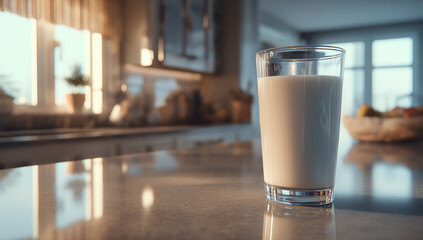 Glass of Milk on Table with Kitchen Background in Close-Up Commercial Shoot