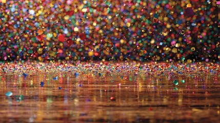 happy new year 2025 celebration greeting card with colorful confetti and reflection of the colors on wooden desk wall