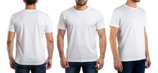 A man is wearing a plain blank white t-shirt with half sleeves, both on the front and back sides mockup