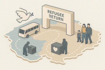 Refugee return journey illustrated with a family reuniting symbolizing hope, resilience, and the importance of community support in rebuilding lives and restoring dignity