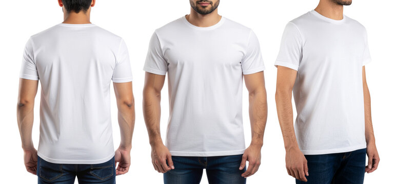 A man is wearing a plain blank white t-shirt with half sleeves, both on the front and back sides mockup