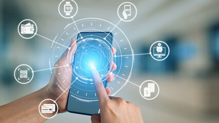 Digital wallet icons show mobile payment, digital wallet transfer, and online banking. Digital wallet supports secure payment, cashless transactions, and financial integration. Gist