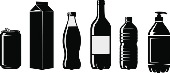 Collection of beverage container silhouettes including cans, cartons, plastic bottles, glass bottles and pump bottles in clean vector illustration