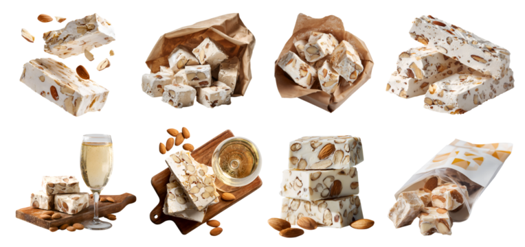 Set of Nougat chewy hard candy, classic almond nuts on sweet confection paste, takeaway brown plastic bag, wooden serve board with wine, pile stack broken cube bar, transparent cutout PNG. Many Mockup