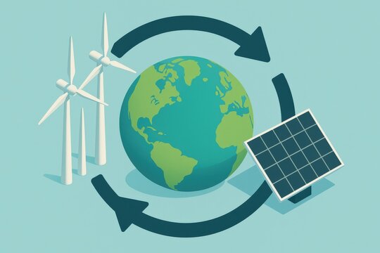 Sustainable energy systems represented by wind turbines and solar panels in a circular economy framework emphasizing environmental innovation and renewable resources for a greener future