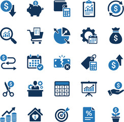 Budget and Finance Icons Set – 25 Blue Business, Accounting, Savings, Money Management Vector Symbols