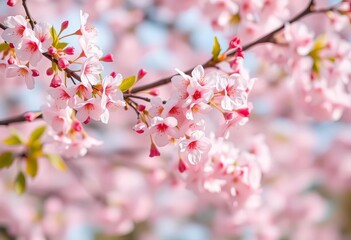Obraz premium Soft pink cherry blossoms falling on a blurred, pastel background, pink, beautiful