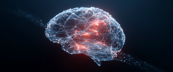 Glowing Digital Brain with Neural Network Lines and Red Light on Dark Blue Background