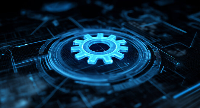 Blue Gear Icon on Holographic Digital Display with Futuristic Tech Background - Powered by Adobe