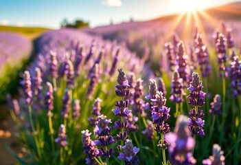 Obraz premium Sun-drenched lavender field, fragrant purple blossoms, scenic, nature
