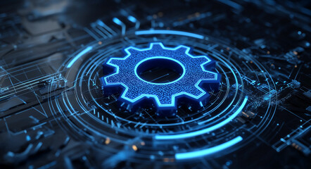 Blue Gear Icon on Holographic Digital Display with Futuristic Tech Background
