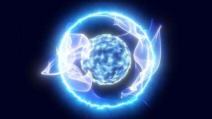 Bright blue energy sphere surrounded by flowing luminous ribbons of particles creating a powerful electric aura